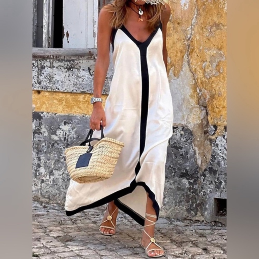 COMMENSE Ecru Cream Black Stripe Midi Maxi V Neck Dress NWT
